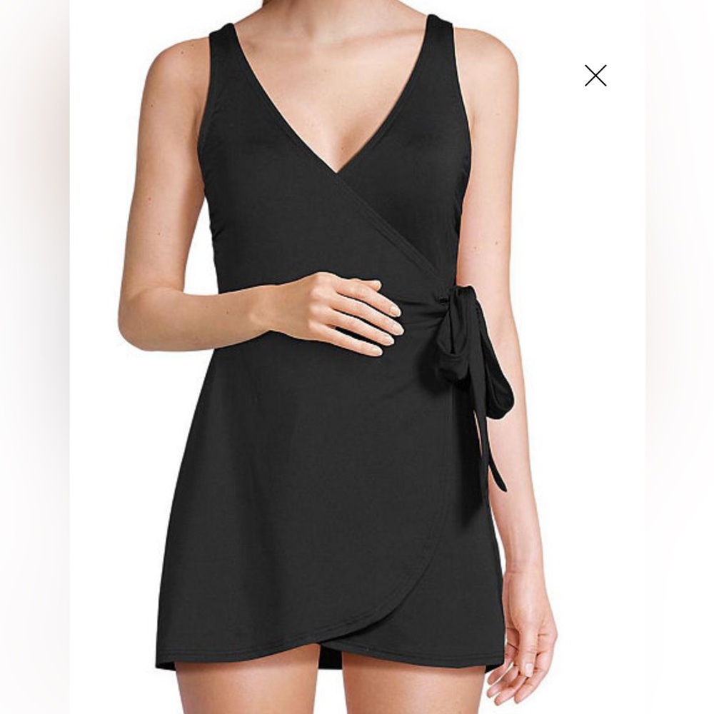 Land's End Plus Size One Piece Slender Suit Wrap mini dress tie soft black 14 DD